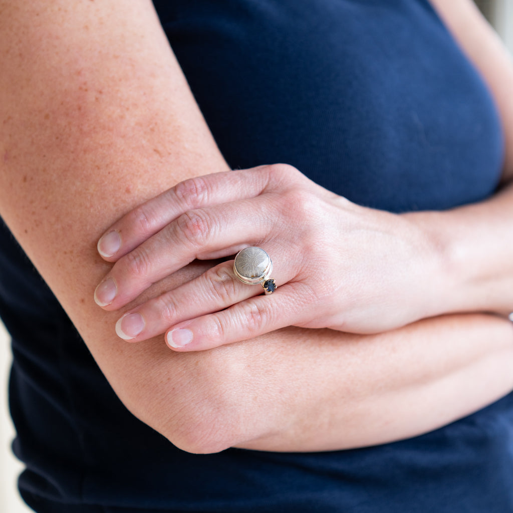 Fossilized Coral & Sapphire Ring